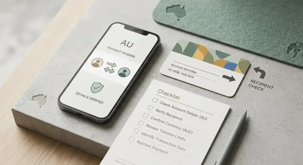 Conceptual Australian dollar account-to-account payment flow illustrating PayID-style and bank transfer checks without brand logos