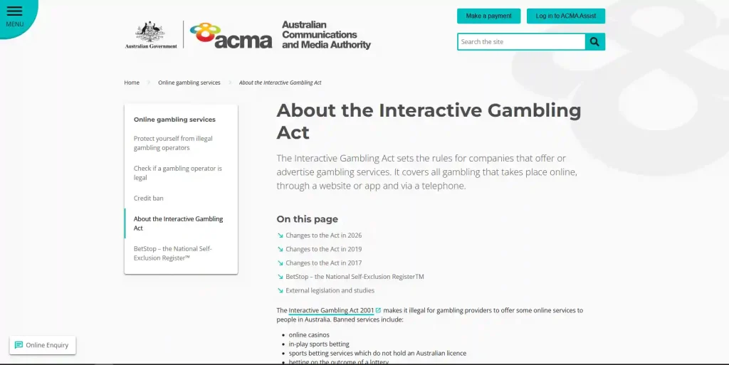 Current ACMA guidance on the Interactive Gambling Act showing online casinos among banned online gambling services