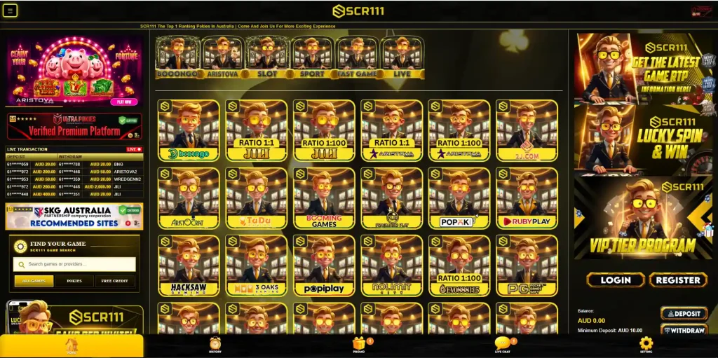 SCR111 pokies lobby showing current slot tiles and provider labels